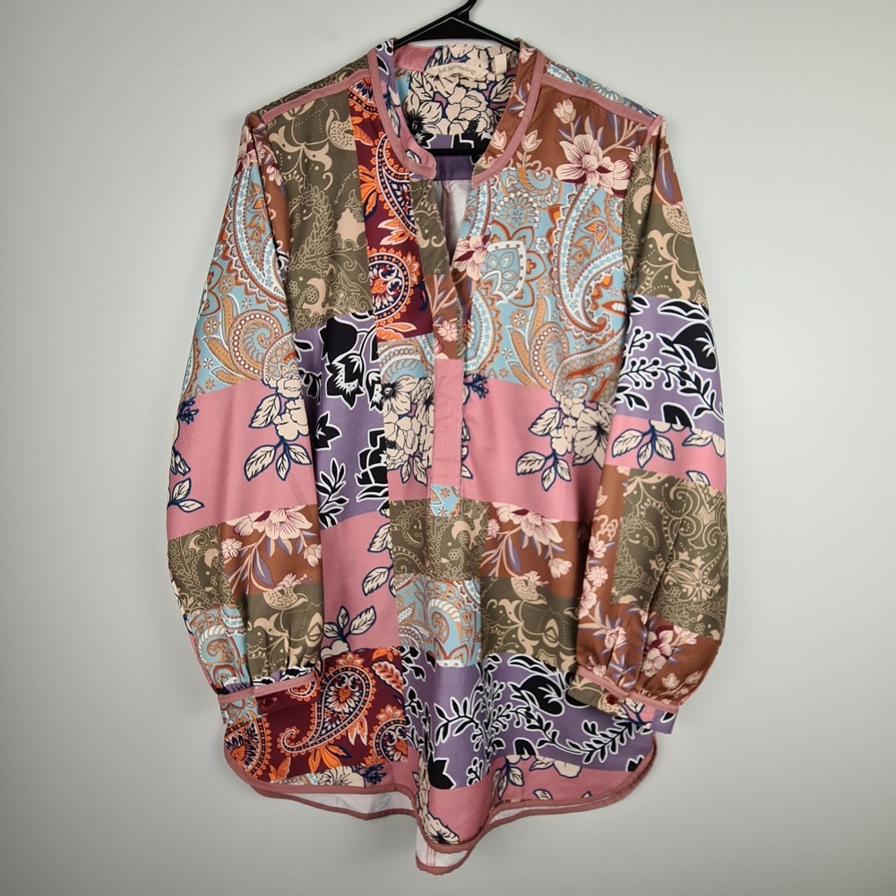 Soft Surroundings Womens L Alvadore Fleur Tunic Top Floral Patchwork Shirt FLAWS